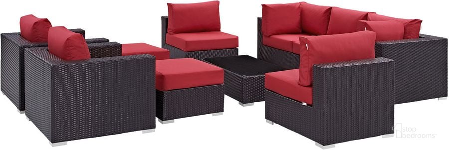 The appearance of Convene Espresso Red 10 Piece Outdoor Patio Sectional Set designed by Modway in the modern / contemporary interior design. This espresso red piece of furniture  was selected by 1StopBedrooms from Convene Collection to add a touch of cosiness and style into your home. Sku: EEI-2169-EXP-RED-SET. Material: Steel. Product Type: Outdoor Conversation Set. Image1