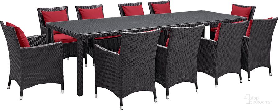The appearance of Convene Espresso Red 11 Piece Outdoor Patio Dining Set EEI-2219-EXP-RED-SET designed by Modway in the modern / contemporary interior design. This espresso red piece of furniture  was selected by 1StopBedrooms from Convene Collection to add a touch of cosiness and style into your home. Sku: EEI-2219-EXP-RED-SET. Table Base Style: Legs. Material: Rattan. Table Top Shape: Rectangular. Product Type: Outdoor Dining Set. Image1