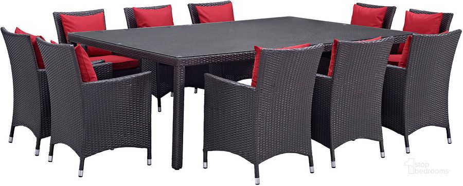 The appearance of Convene Espresso Red 11 Piece Outdoor Patio Dining Set EEI-2240-EXP-RED-SET designed by Modway in the modern / contemporary interior design. This espresso red piece of furniture  was selected by 1StopBedrooms from Convene Collection to add a touch of cosiness and style into your home. Sku: EEI-2240-EXP-RED-SET. Table Base Style: Legs. Material: Rattan. Table Top Shape: Rectangular. Product Type: Outdoor Dining Set. Image1