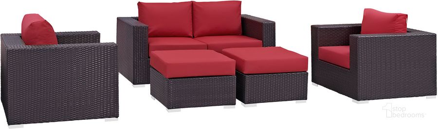 The appearance of Convene Espresso Red 5 Piece Outdoor Patio Sofa Set designed by Modway in the modern / contemporary interior design. This espresso red piece of furniture  was selected by 1StopBedrooms from Convene Collection to add a touch of cosiness and style into your home. Sku: EEI-2158-EXP-RED-SET. Material: Steel. Product Type: Outdoor Sofa. Image1