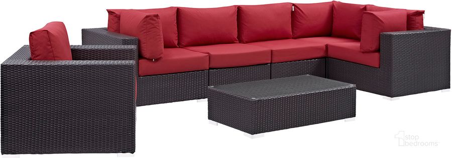 The appearance of Convene Espresso Red 7 Piece Outdoor Patio Sectional Set EEI-2157-EXP-RED-SET designed by Modway in the modern / contemporary interior design. This espresso red piece of furniture  was selected by 1StopBedrooms from Convene Collection to add a touch of cosiness and style into your home. Sku: EEI-2157-EXP-RED-SET. Material: Steel. Product Type: Outdoor Conversation Set. Image1