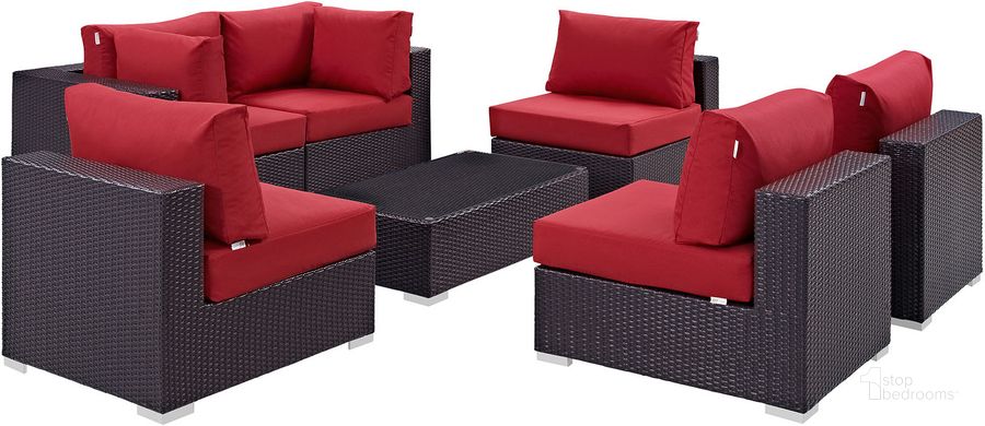 The appearance of Convene Espresso Red 7 Piece Outdoor Patio Sectional Set EEI-2164-EXP-RED-SET designed by Modway in the modern / contemporary interior design. This espresso red piece of furniture  was selected by 1StopBedrooms from Convene Collection to add a touch of cosiness and style into your home. Sku: EEI-2164-EXP-RED-SET. Material: Steel. Product Type: Outdoor Conversation Set. Image1