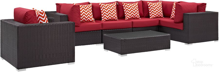 The appearance of Convene Espresso Red 7 Piece Outdoor Patio Sectional Set EEI-2350-EXP-RED-SET designed by Modway in the modern / contemporary interior design. This espresso red piece of furniture  was selected by 1StopBedrooms from Convene Collection to add a touch of cosiness and style into your home. Sku: EEI-2350-EXP-RED-SET. Material: Steel. Product Type: Outdoor Conversation Set. Image1