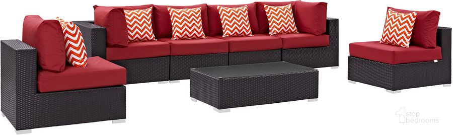 The appearance of Convene Espresso Red 7 Piece Outdoor Patio Sectional Set EEI-2357-EXP-RED-SET designed by Modway in the modern / contemporary interior design. This espresso red piece of furniture  was selected by 1StopBedrooms from Convene Collection to add a touch of cosiness and style into your home. Sku: EEI-2357-EXP-RED-SET. Material: Steel. Product Type: Outdoor Conversation Set. Image1