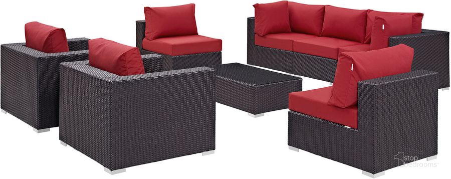 The appearance of Convene Espresso Red 8 Piece Outdoor Patio Sectional Set EEI-2203-EXP-RED-SET designed by Modway in the modern / contemporary interior design. This espresso red piece of furniture  was selected by 1StopBedrooms from Convene Collection to add a touch of cosiness and style into your home. Sku: EEI-2203-EXP-RED-SET. Material: Steel. Product Type: Outdoor Conversation Set. Image1