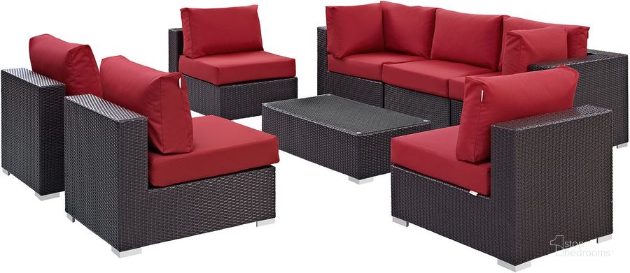 The appearance of Convene Espresso Red 8 Piece Outdoor Patio Sectional Set EEI-2205-EXP-RED-SET designed by Modway in the modern / contemporary interior design. This espresso red piece of furniture  was selected by 1StopBedrooms from Convene Collection to add a touch of cosiness and style into your home. Sku: EEI-2205-EXP-RED-SET. Material: Steel. Product Type: Outdoor Conversation Set. Image1