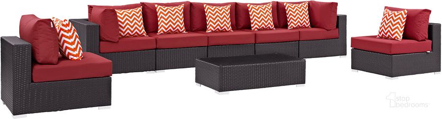 The appearance of Convene Espresso Red 8 Piece Outdoor Patio Sectional Set EEI-2370-EXP-RED-SET designed by Modway in the modern / contemporary interior design. This espresso red piece of furniture  was selected by 1StopBedrooms from Convene Collection to add a touch of cosiness and style into your home. Sku: EEI-2370-EXP-RED-SET. Material: Steel. Product Type: Outdoor Conversation Set. Image1