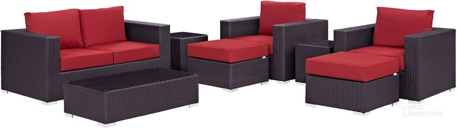 The appearance of Convene Espresso Red 8 Piece Outdoor Patio Sofa Set designed by Modway in the modern / contemporary interior design. This espresso red piece of furniture  was selected by 1StopBedrooms from Convene Collection to add a touch of cosiness and style into your home. Sku: EEI-2159-EXP-RED-SET. Material: Steel. Product Type: Outdoor Sofa. Image1