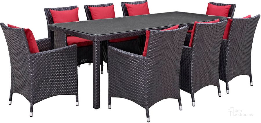 The appearance of Convene Espresso Red 9 Piece Outdoor Patio Dining Set designed by Modway in the modern / contemporary interior design. This espresso red piece of furniture  was selected by 1StopBedrooms from Convene Collection to add a touch of cosiness and style into your home. Sku: EEI-2217-EXP-RED-SET. Table Base Style: Legs. Material: Rattan. Table Top Shape: Rectangular. Product Type: Outdoor Dining Set. Image1
