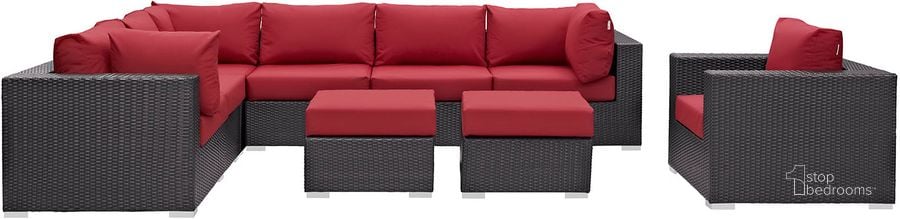 The appearance of Convene Espresso Red 9 Piece Outdoor Patio Sectional Set designed by Modway in the modern / contemporary interior design. This espresso red piece of furniture  was selected by 1StopBedrooms from Convene Collection to add a touch of cosiness and style into your home. Sku: EEI-2208-EXP-RED-SET. Material: Steel. Product Type: Outdoor Conversation Set. Image1