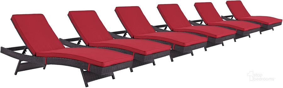 The appearance of Convene Espresso Red Chaise Outdoor Patio Set of 6 designed by Modway in the modern / contemporary interior design. This espresso red piece of furniture  was selected by 1StopBedrooms from Convene Collection to add a touch of cosiness and style into your home. Sku: EEI-2430-EXP-RED-SET. Material: Rattan. Product Type: Outdoor Chaise Lounge. Image1