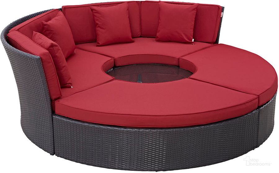 The appearance of Convene Circular Outdoor Patio Daybed Set In Espresso Red designed by Modway in the modern / contemporary interior design. This espresso red piece of furniture  was selected by 1StopBedrooms from Convene Collection to add a touch of cosiness and style into your home. Sku: EEI-2171-EXP-RED-SET. Product Type: Outdoor Set. Material: Rattan. Image1