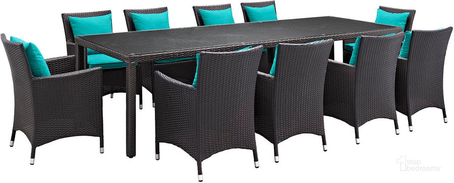 The appearance of Convene Espresso Turquoise 11 Piece Outdoor Patio Dining Set EEI-2219-EXP-TRQ-SET designed by Modway in the modern / contemporary interior design. This espresso turquoise piece of furniture  was selected by 1StopBedrooms from Convene Collection to add a touch of cosiness and style into your home. Sku: EEI-2219-EXP-TRQ-SET. Table Base Style: Legs. Material: Rattan. Table Top Shape: Rectangular. Product Type: Outdoor Dining Set. Image1