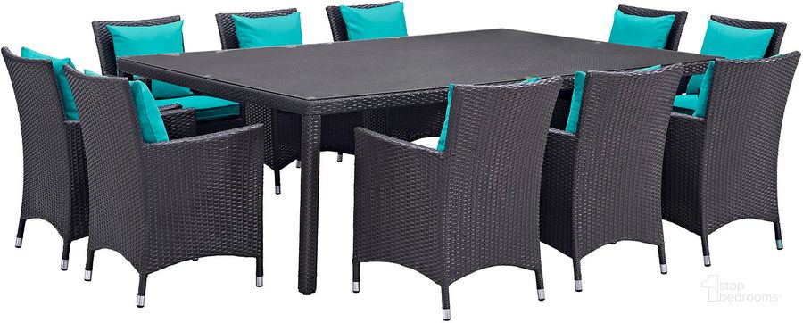 The appearance of Convene Espresso Turquoise 11 Piece Outdoor Patio Dining Set EEI-2240-EXP-TRQ-SET designed by Modway in the modern / contemporary interior design. This espresso turquoise piece of furniture  was selected by 1StopBedrooms from Convene Collection to add a touch of cosiness and style into your home. Sku: EEI-2240-EXP-TRQ-SET. Table Base Style: Legs. Material: Rattan. Table Top Shape: Rectangular. Product Type: Outdoor Dining Set. Image1