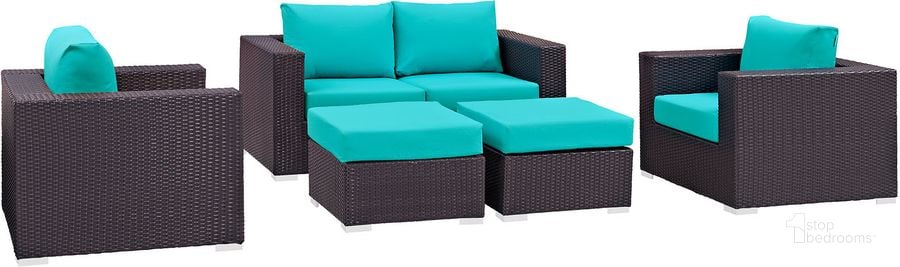 The appearance of Convene Espresso Turquoise 5 Piece Outdoor Patio Sofa Set designed by Modway in the modern / contemporary interior design. This espresso turquoise piece of furniture  was selected by 1StopBedrooms from Convene Collection to add a touch of cosiness and style into your home. Sku: EEI-2158-EXP-TRQ-SET. Material: Steel. Product Type: Outdoor Sofa. Image1