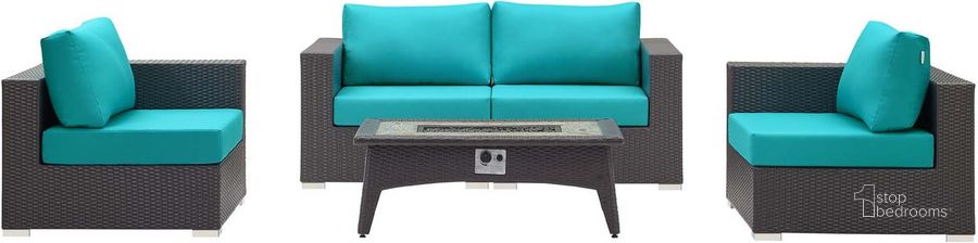 The appearance of Convene Espresso Turquoise 5 Piece Set Outdoor Patio with Fire Pit designed by Modway in the modern / contemporary interior design. This espresso turquoise piece of furniture  was selected by 1StopBedrooms from Convene Collection to add a touch of cosiness and style into your home. Sku: EEI-3728-EXP-TRQ-SET. Material: Aluminum. Product Type: Outdoor Conversation Set. Image1