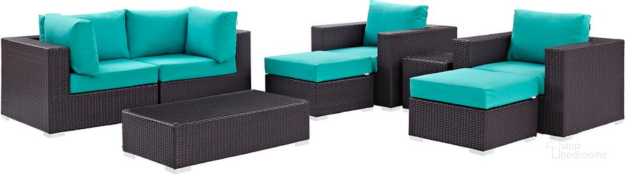 The appearance of Convene Espresso Turquoise 8 Piece Outdoor Patio Sectional Set designed by Modway in the modern / contemporary interior design. This espresso turquoise piece of furniture  was selected by 1StopBedrooms from Convene Collection to add a touch of cosiness and style into your home. Sku: EEI-2206-EXP-TRQ-SET. Material: Steel. Product Type: Outdoor Conversation Set. Image1