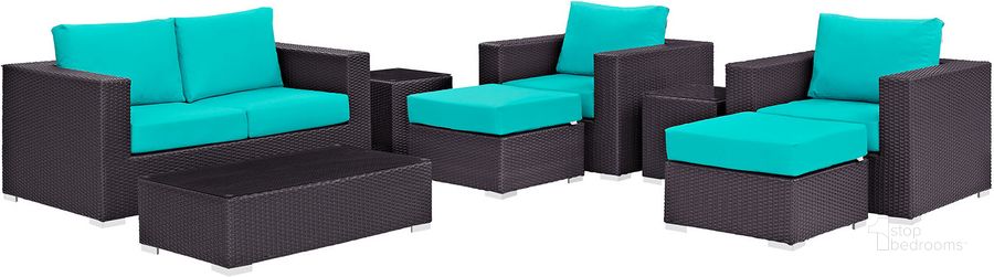 The appearance of Convene Espresso Turquoise 8 Piece Outdoor Patio Sofa Set designed by Modway in the modern / contemporary interior design. This espresso turquoise piece of furniture  was selected by 1StopBedrooms from Convene Collection to add a touch of cosiness and style into your home. Sku: EEI-2159-EXP-TRQ-SET. Material: Steel. Product Type: Outdoor Sofa. Image1