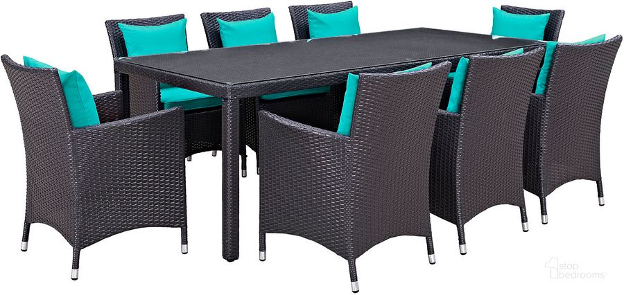 The appearance of Convene Espresso Turquoise 9 Piece Outdoor Patio Dining Set designed by Modway in the modern / contemporary interior design. This espresso turquoise piece of furniture  was selected by 1StopBedrooms from Convene Collection to add a touch of cosiness and style into your home. Sku: EEI-2217-EXP-TRQ-SET. Table Base Style: Legs. Material: Rattan. Table Top Shape: Rectangular. Product Type: Outdoor Dining Set. Image1