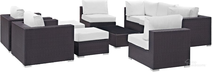 The appearance of Convene Espresso White 10 Piece Outdoor Patio Sectional Set designed by Modway in the modern / contemporary interior design. This espresso white piece of furniture  was selected by 1StopBedrooms from Convene Collection to add a touch of cosiness and style into your home. Sku: EEI-2169-EXP-WHI-SET. Material: Steel. Product Type: Outdoor Conversation Set. Image1