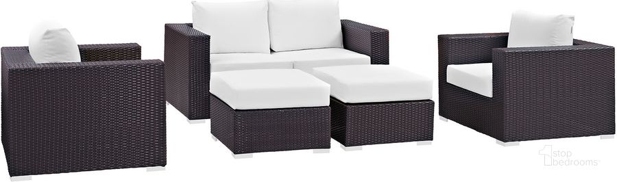 The appearance of Convene Espresso White 5 Piece Outdoor Patio Sofa Set designed by Modway in the modern / contemporary interior design. This espresso white piece of furniture  was selected by 1StopBedrooms from Convene Collection to add a touch of cosiness and style into your home. Sku: EEI-2158-EXP-WHI-SET. Material: Steel. Product Type: Outdoor Sofa. Image1