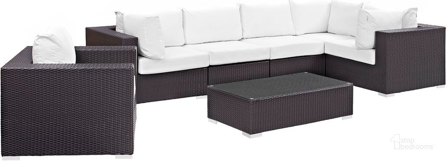 The appearance of Convene Espresso White 7 Piece Outdoor Patio Sectional Set EEI-2157-EXP-WHI-SET designed by Modway in the modern / contemporary interior design. This espresso white piece of furniture  was selected by 1StopBedrooms from Convene Collection to add a touch of cosiness and style into your home. Sku: EEI-2157-EXP-WHI-SET. Material: Steel. Product Type: Outdoor Conversation Set. Image1