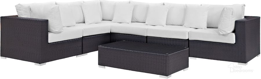 The appearance of Convene Espresso White 7 Piece Outdoor Patio Sectional Set EEI-2168-EXP-WHI-SET designed by Modway in the modern / contemporary interior design. This espresso white piece of furniture  was selected by 1StopBedrooms from Convene Collection to add a touch of cosiness and style into your home. Sku: EEI-2168-EXP-WHI-SET. Material: Steel. Product Type: Outdoor Conversation Set. Image1