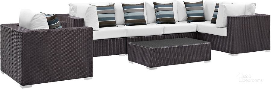 The appearance of Convene Espresso White 7 Piece Outdoor Patio Sectional Set EEI-2350-EXP-WHI-SET designed by Modway in the modern / contemporary interior design. This espresso white piece of furniture  was selected by 1StopBedrooms from Convene Collection to add a touch of cosiness and style into your home. Sku: EEI-2350-EXP-WHI-SET. Material: Steel. Product Type: Outdoor Conversation Set. Image1