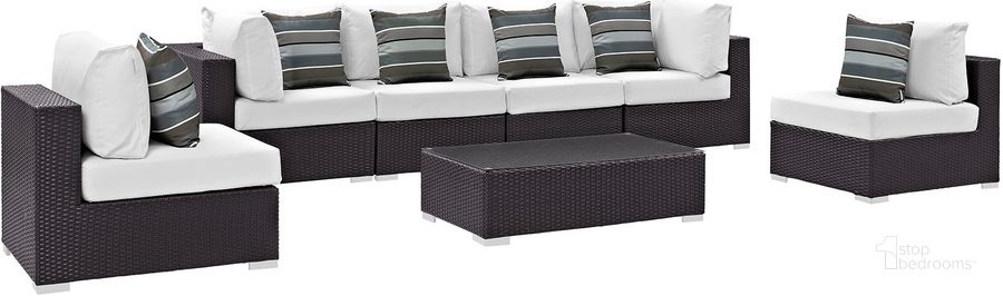 The appearance of Convene Espresso White 7 Piece Outdoor Patio Sectional Set EEI-2357-EXP-WHI-SET designed by Modway in the modern / contemporary interior design. This espresso white piece of furniture  was selected by 1StopBedrooms from Convene Collection to add a touch of cosiness and style into your home. Sku: EEI-2357-EXP-WHI-SET. Material: Steel. Product Type: Outdoor Conversation Set. Image1