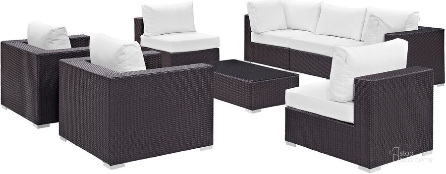 The appearance of Convene Espresso White 8 Piece Outdoor Patio Sectional Set EEI-2203-EXP-WHI-SET designed by Modway in the modern / contemporary interior design. This espresso white piece of furniture  was selected by 1StopBedrooms from Convene Collection to add a touch of cosiness and style into your home. Sku: EEI-2203-EXP-WHI-SET. Material: Steel. Product Type: Outdoor Conversation Set. Image1
