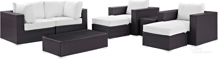 The appearance of Convene Espresso White 8 Piece Outdoor Patio Sectional Set EEI-2206-EXP-WHI-SET designed by Modway in the modern / contemporary interior design. This espresso white piece of furniture  was selected by 1StopBedrooms from Convene Collection to add a touch of cosiness and style into your home. Sku: EEI-2206-EXP-WHI-SET. Material: Steel. Product Type: Outdoor Conversation Set. Image1
