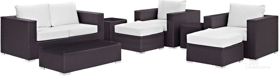 The appearance of Convene Espresso White 8 Piece Outdoor Patio Sofa Set designed by Modway in the modern / contemporary interior design. This espresso white piece of furniture  was selected by 1StopBedrooms from Convene Collection to add a touch of cosiness and style into your home. Sku: EEI-2159-EXP-WHI-SET. Material: Steel. Product Type: Outdoor Sofa. Image1