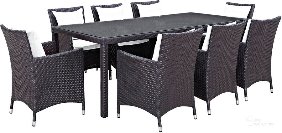 The appearance of Convene Espresso White 9 Piece Outdoor Patio Dining Set designed by Modway in the modern / contemporary interior design. This espresso white piece of furniture  was selected by 1StopBedrooms from Convene Collection to add a touch of cosiness and style into your home. Sku: EEI-2217-EXP-WHI-SET. Table Base Style: Legs. Material: Rattan. Table Top Shape: Rectangular. Product Type: Outdoor Dining Set. Image1