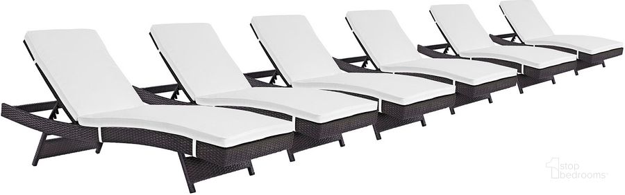 The appearance of Convene Espresso White Chaise Outdoor Patio Set of 6 designed by Modway in the modern / contemporary interior design. This espresso white piece of furniture  was selected by 1StopBedrooms from Convene Collection to add a touch of cosiness and style into your home. Sku: EEI-2430-EXP-WHI-SET. Material: Rattan. Product Type: Outdoor Chaise Lounge. Image1