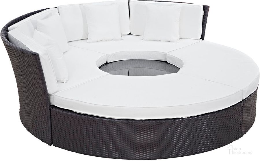 The appearance of Convene Circular Outdoor Patio Daybed Set In Espresso White designed by Modway in the modern / contemporary interior design. This espresso white piece of furniture  was selected by 1StopBedrooms from Convene Collection to add a touch of cosiness and style into your home. Sku: EEI-2171-EXP-WHI-SET. Product Type: Outdoor Set. Material: Rattan. Image1