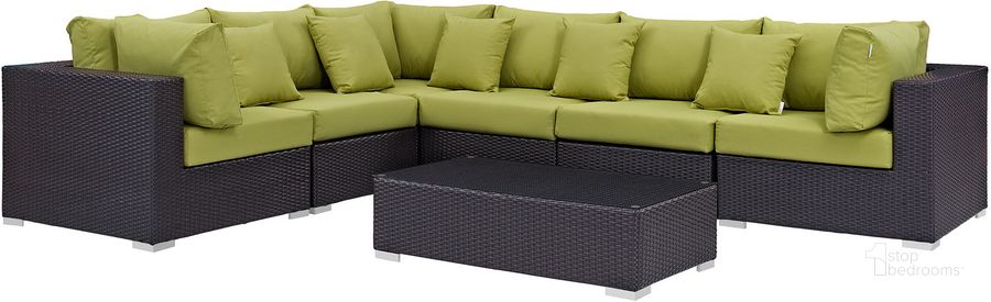 The appearance of Convene Expresso Peridot 7 Piece Outdoor Patio Sectional Set designed by Modway in the modern / contemporary interior design. This expresso peridot piece of furniture  was selected by 1StopBedrooms from Convene Collection to add a touch of cosiness and style into your home. Sku: EEI-2168-EXP-PER-SET. Material: Steel. Product Type: Outdoor Conversation Set. Image1