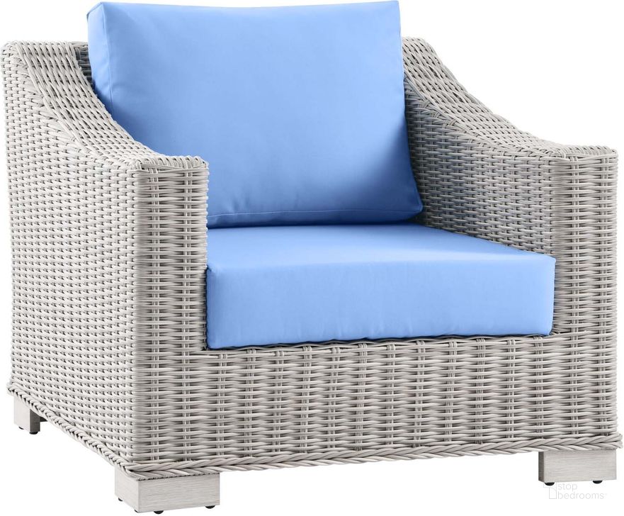 The appearance of Conway Outdoor Patio Wicker Rattan Arm Chair EEI-4840-LGR-LBU designed by Modway in the modern / contemporary interior design. This gray and blue piece of furniture  was selected by 1StopBedrooms from Conway Collection to add a touch of cosiness and style into your home. Sku: EEI-4840-LGR-LBU. Material: Aluminium. Product Type: Outdoor Chair. Image1