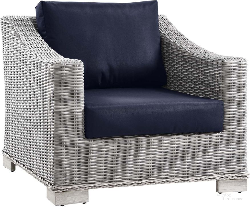 The appearance of Conway Outdoor Patio Wicker Rattan Arm Chair EEI-4840-LGR-NAV designed by Modway in the modern / contemporary interior design. This light gray navy piece of furniture  was selected by 1StopBedrooms from Conway Collection to add a touch of cosiness and style into your home. Sku: EEI-4840-LGR-NAV. Material: Aluminium. Product Type: Outdoor Chair. Image1
