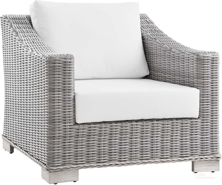 The appearance of Conway Outdoor Patio Wicker Rattan Arm Chair EEI-4840-LGR-WHI designed by Modway in the modern / contemporary interior design. This light gray white piece of furniture  was selected by 1StopBedrooms from Conway Collection to add a touch of cosiness and style into your home. Sku: EEI-4840-LGR-WHI. Material: Aluminium. Product Type: Outdoor Chair. Image1