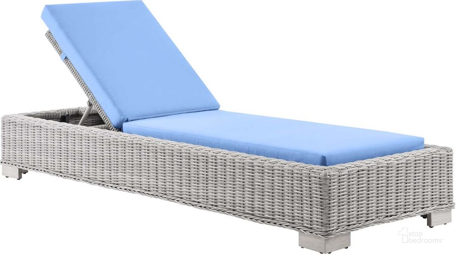 The appearance of Conway Outdoor Patio Wicker Rattan Chaise Lounge EEI-4843-LGR-LBU designed by Modway in the modern / contemporary interior design. This gray and blue piece of furniture  was selected by 1StopBedrooms from Conway Collection to add a touch of cosiness and style into your home. Sku: EEI-4843-LGR-LBU. Material: Aluminium. Product Type: Outdoor Chaise Lounge. Image1