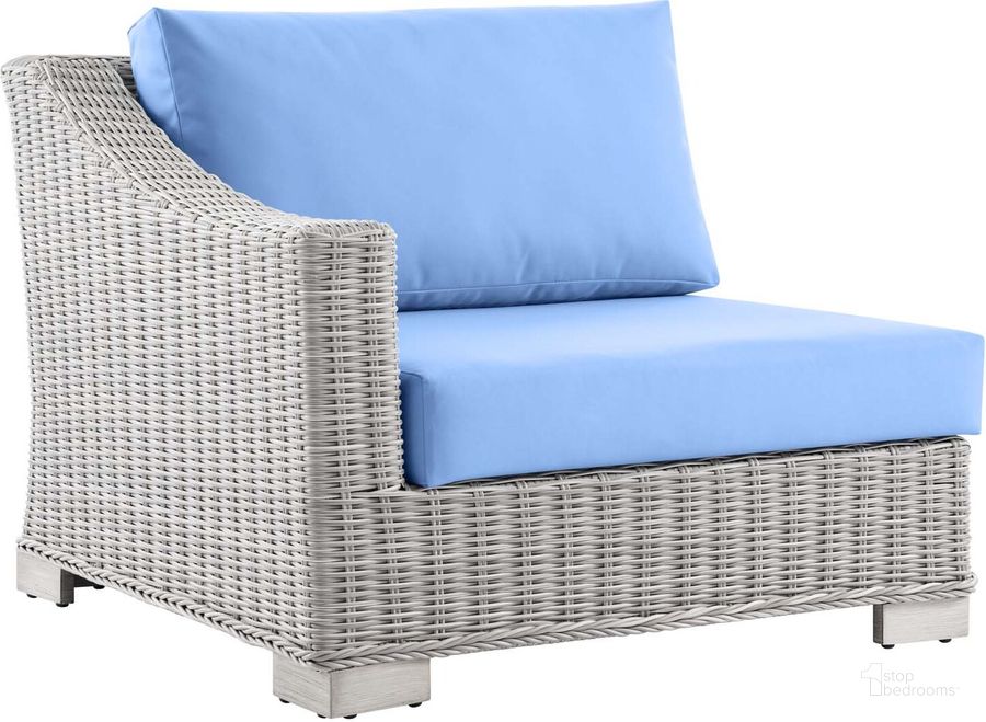 The appearance of Conway Outdoor Patio Wicker Rattan Left-Arm Chair EEI-4845-LGR-LBU designed by Modway in the modern / contemporary interior design. This gray and blue piece of furniture  was selected by 1StopBedrooms from Conway Collection to add a touch of cosiness and style into your home. Sku: EEI-4845-LGR-LBU. Product Type: Arm Chair. Material: Aluminium. Image1