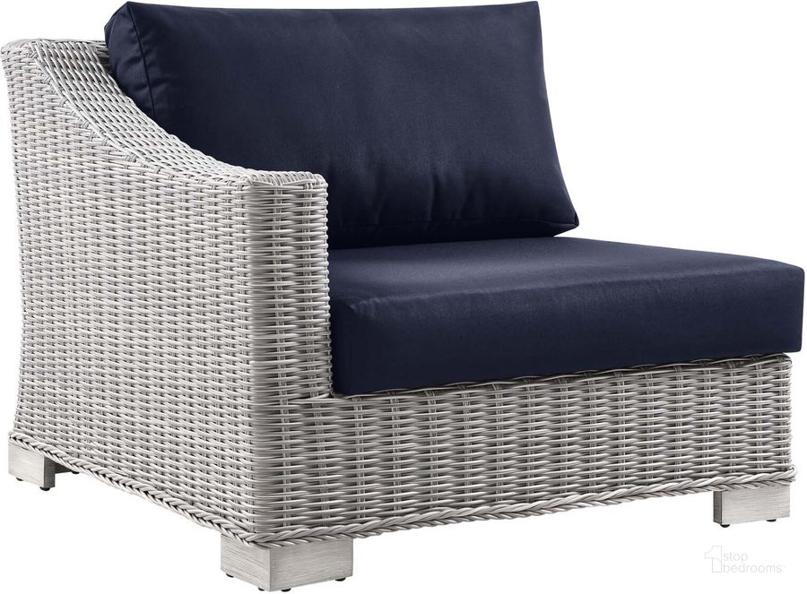 The appearance of Conway Outdoor Patio Wicker Rattan Left-Arm Chair EEI-4845-LGR-NAV designed by Modway in the modern / contemporary interior design. This light gray navy piece of furniture  was selected by 1StopBedrooms from Conway Collection to add a touch of cosiness and style into your home. Sku: EEI-4845-LGR-NAV. Product Type: Arm Chair. Material: Aluminium. Image1