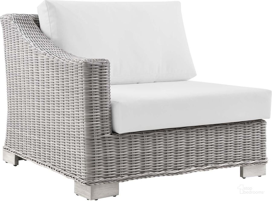The appearance of Conway Outdoor Patio Wicker Rattan Left-Arm Chair EEI-4845-LGR-WHI designed by Modway in the modern / contemporary interior design. This light gray white piece of furniture  was selected by 1StopBedrooms from Conway Collection to add a touch of cosiness and style into your home. Sku: EEI-4845-LGR-WHI. Product Type: Arm Chair. Material: Aluminium. Image1