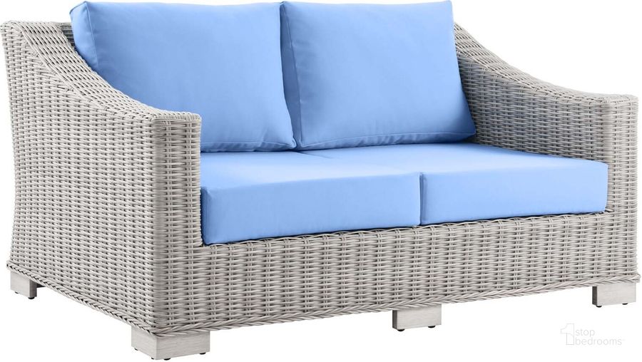 The appearance of Conway Outdoor Patio Wicker Rattan Loveseat EEI-4841-LGR-LBU designed by Modway in the modern / contemporary interior design. This gray and blue piece of furniture  was selected by 1StopBedrooms from Conway Collection to add a touch of cosiness and style into your home. Sku: EEI-4841-LGR-LBU. Material: Aluminium. Product Type: Outdoor Loveseat. Image1