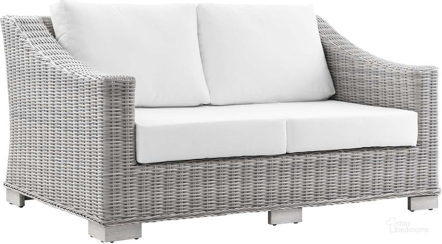 The appearance of Conway Outdoor Patio Wicker Rattan Loveseat EEI-4841-LGR-WHI designed by Modway in the modern / contemporary interior design. This light gray white piece of furniture  was selected by 1StopBedrooms from Conway Collection to add a touch of cosiness and style into your home. Sku: EEI-4841-LGR-WHI. Material: Aluminium. Product Type: Outdoor Loveseat. Image1