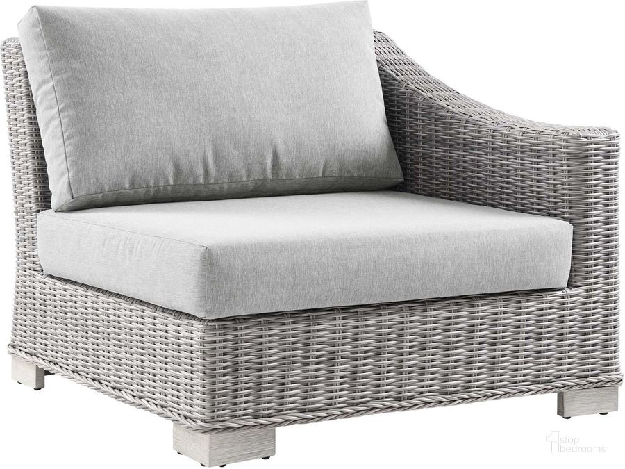The appearance of Conway Outdoor Patio Wicker Rattan Right-Arm Chair EEI-4846-LGR-GRY designed by Modway in the modern / contemporary interior design. This light gray gray piece of furniture  was selected by 1StopBedrooms from Conway Collection to add a touch of cosiness and style into your home. Sku: EEI-4846-LGR-GRY. Product Type: Arm Chair. Material: Aluminium. Image1
