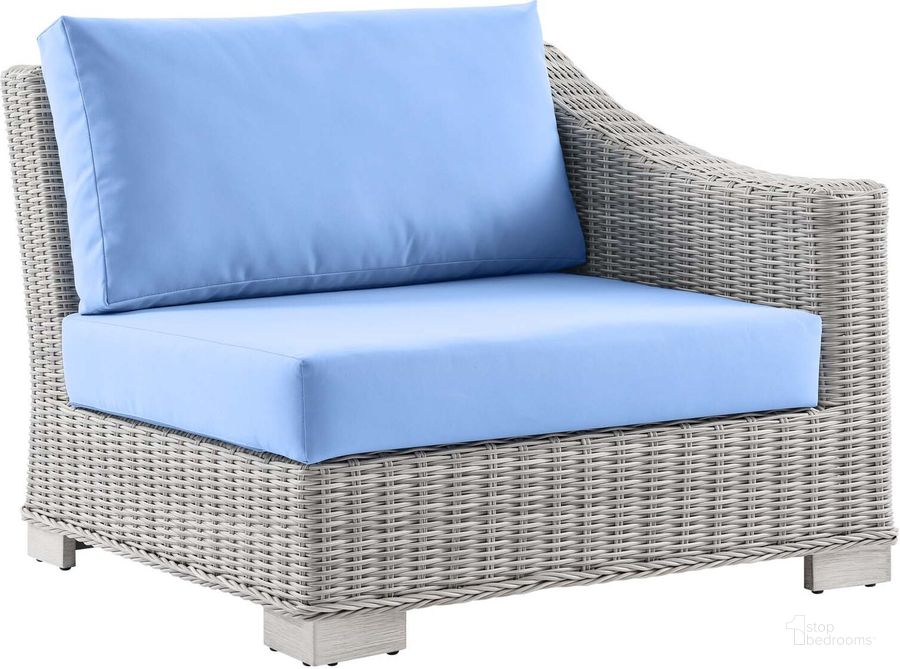 The appearance of Conway Outdoor Patio Wicker Rattan Right-Arm Chair EEI-4846-LGR-LBU designed by Modway in the modern / contemporary interior design. This gray and blue piece of furniture  was selected by 1StopBedrooms from Conway Collection to add a touch of cosiness and style into your home. Sku: EEI-4846-LGR-LBU. Product Type: Arm Chair. Material: Aluminium. Image1