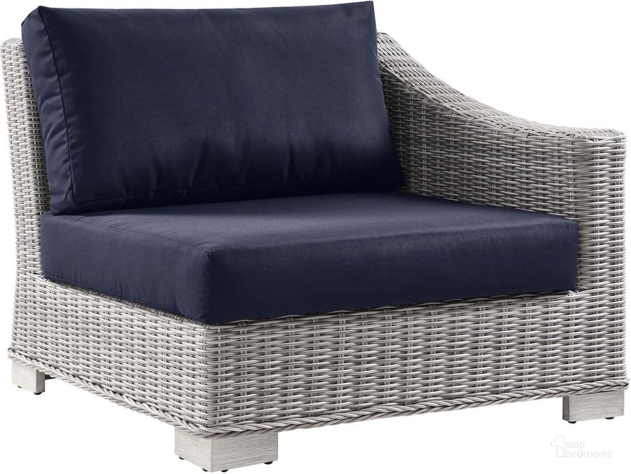 The appearance of Conway Outdoor Patio Wicker Rattan Right-Arm Chair EEI-4846-LGR-NAV designed by Modway in the modern / contemporary interior design. This light gray navy piece of furniture  was selected by 1StopBedrooms from Conway Collection to add a touch of cosiness and style into your home. Sku: EEI-4846-LGR-NAV. Product Type: Arm Chair. Material: Aluminium. Image1