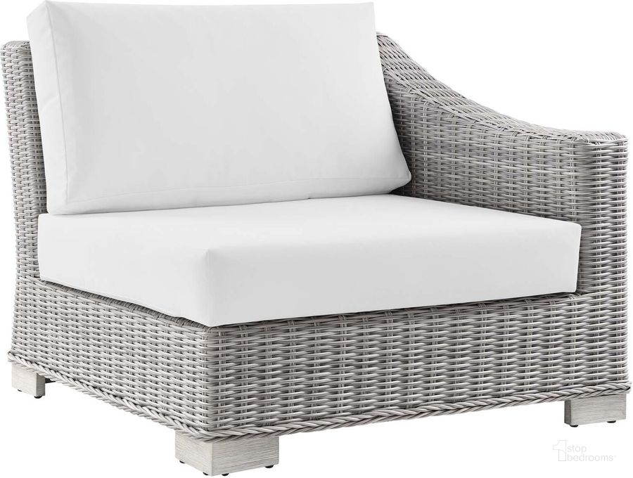 The appearance of Conway Outdoor Patio Wicker Rattan Right-Arm Chair EEI-4846-LGR-WHI designed by Modway in the modern / contemporary interior design. This light gray white piece of furniture  was selected by 1StopBedrooms from Conway Collection to add a touch of cosiness and style into your home. Sku: EEI-4846-LGR-WHI. Product Type: Arm Chair. Material: Aluminium. Image1