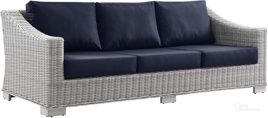 The appearance of Conway Outdoor Patio Wicker Rattan Sofa EEI-4842-LGR-NAV designed by Modway in the modern / contemporary interior design. This light gray navy piece of furniture  was selected by 1StopBedrooms from Conway Collection to add a touch of cosiness and style into your home. Sku: EEI-4842-LGR-NAV. Material: Aluminium. Product Type: Outdoor Sofa. Image1
